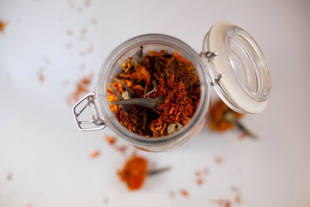 Dried flowers in a glass jar