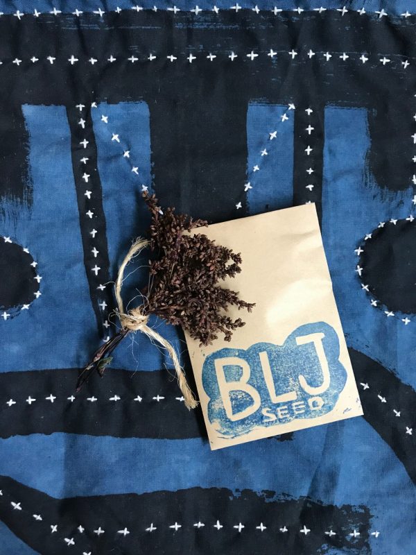 A bouquet of dried indigo blossoms and a tan paper seed packed on blue and black patterned fabric with white details