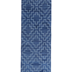 a blue woven wool runner with patterns