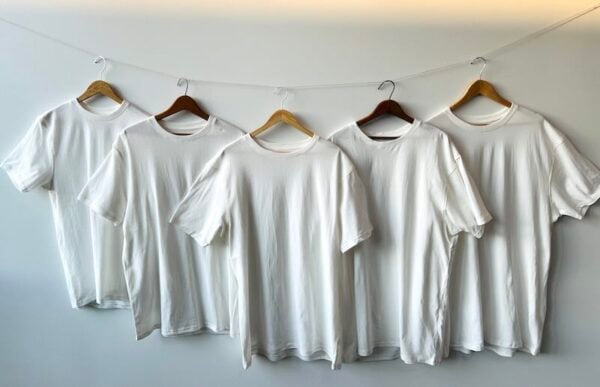 Five mordanted organic t-shirts are hanging on wooden hangers facing front. They are all white against a white background.