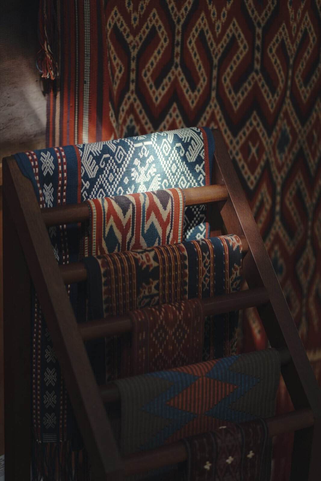 Handwoven Indonesian ikat textiles on display